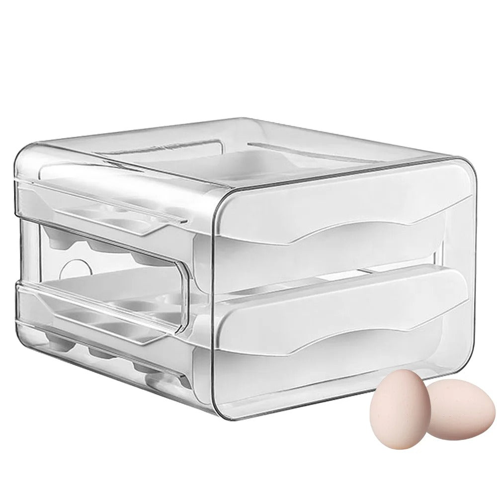 Drawer Egg Holder Rack – 2 Layer Refrigerator Egg Storage Box (32 Grid, White)