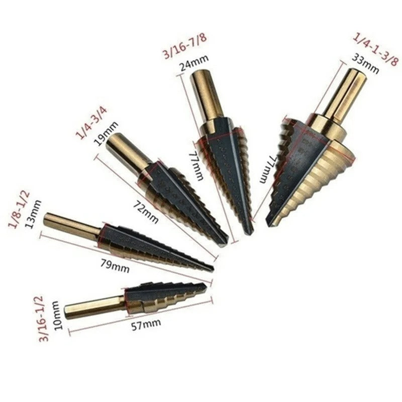 5-Piece HSS Cobalt Step Drill Bit Set – 50-Size Multi-Hole Conical Cutter with Organiser Case