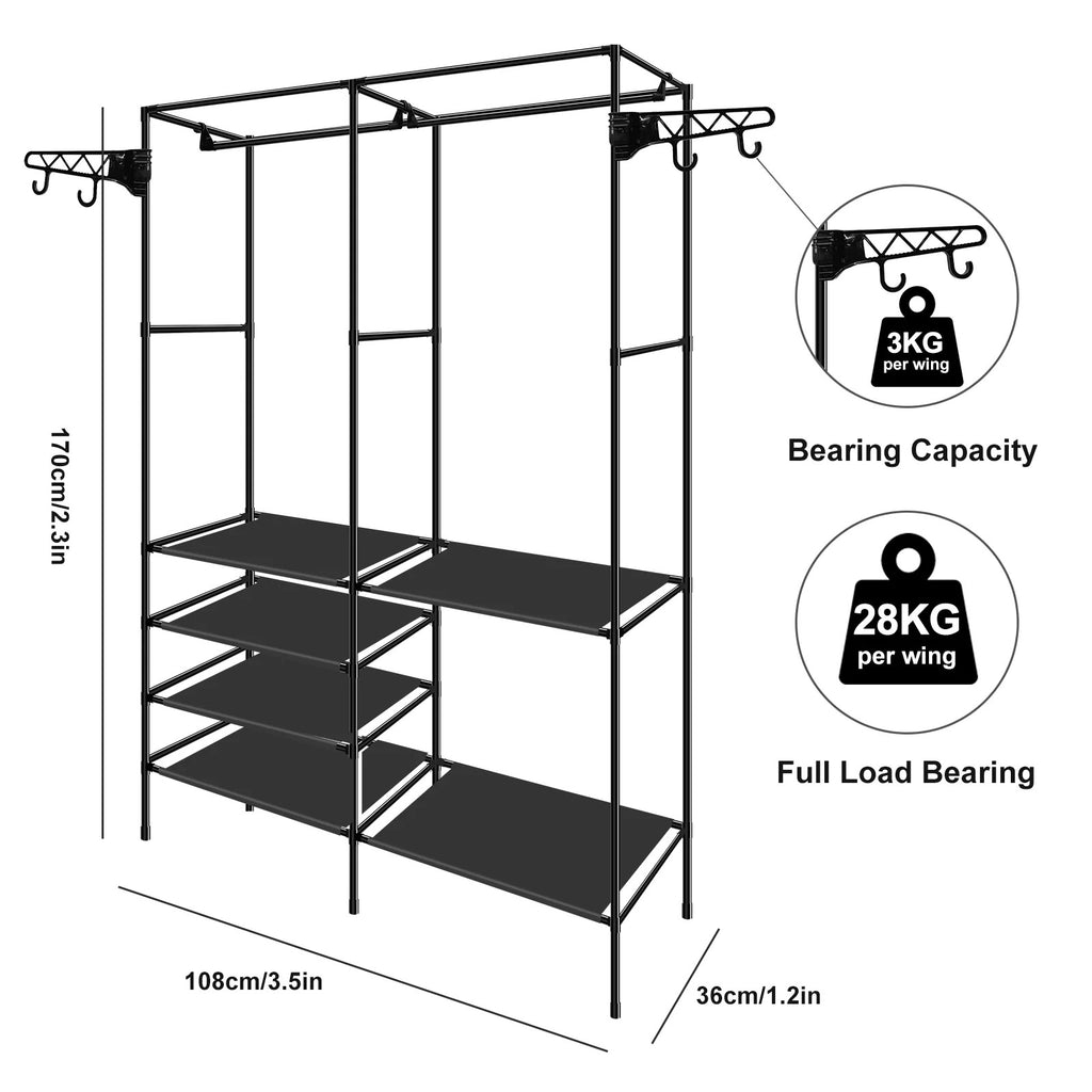 Double-Rod Clothes Rack | Movable Clothing Hanger with Hooks & Fabric Layers for Bedroom & Home