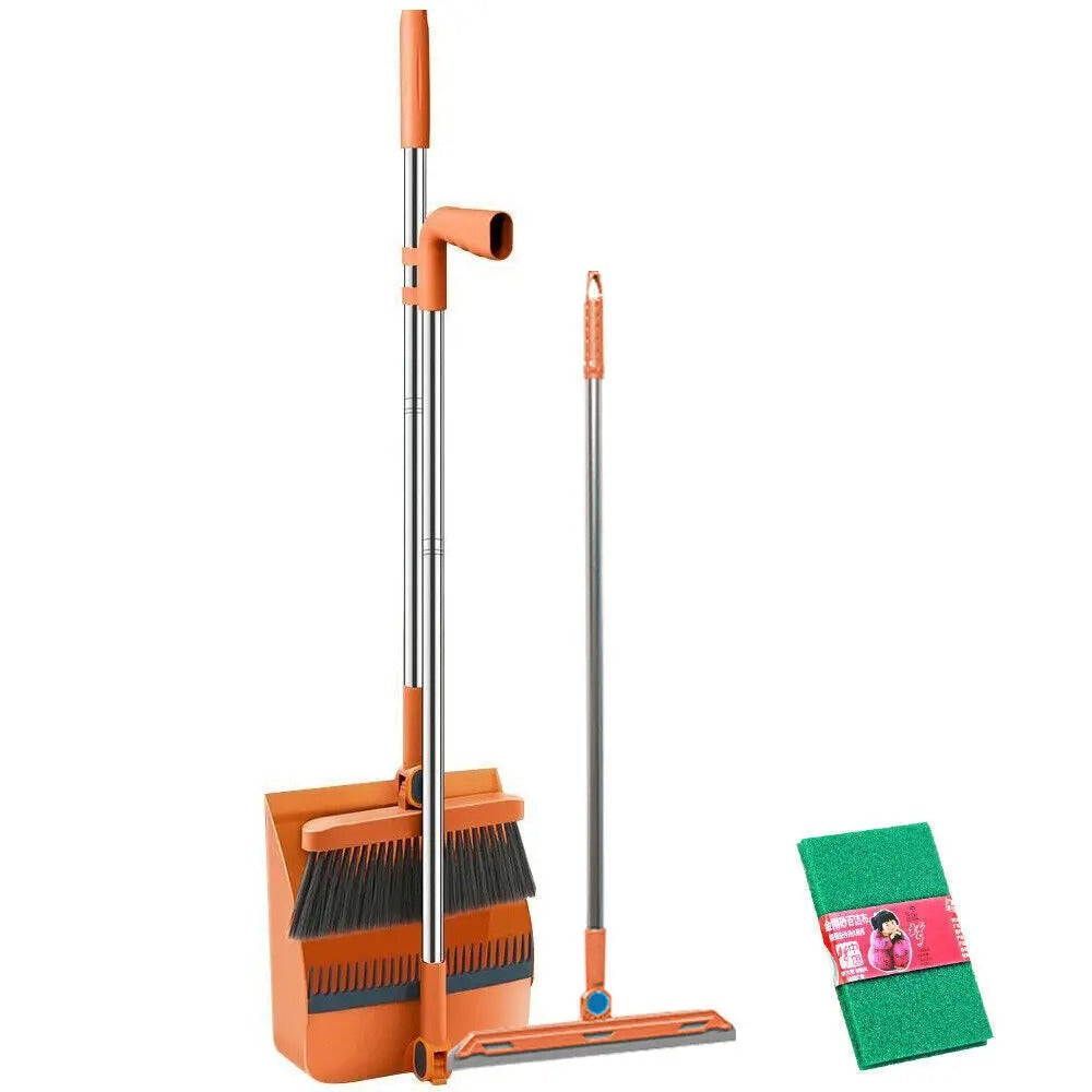 Long Handle Broom and Dustpan Set – Foldable Household Cleaning Brush with Hair Comb Teeth, Wet & Dry Floor Sweeping Set