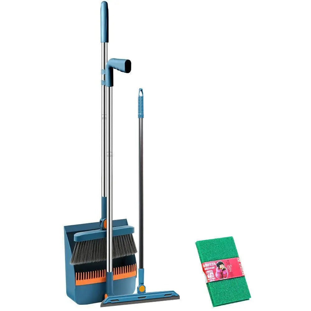 Long Handle Broom and Dustpan Set – Foldable Household Cleaning Brush with Hair Comb Teeth, Wet & Dry Floor Sweeping Set