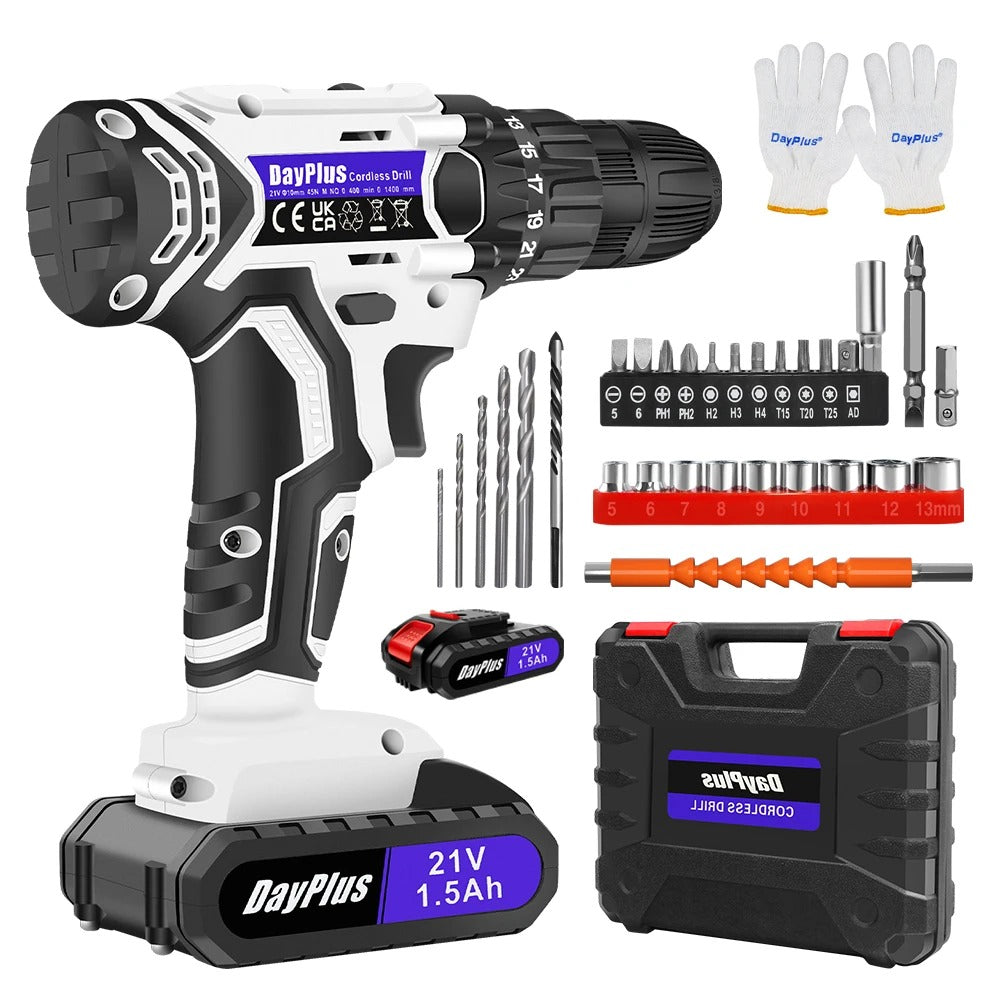 Cordless Drill Set, 21V Drill with 1.5Ah Battery, Cordless Screwdriver with Battery and Charger, Home DIY Tool Kit