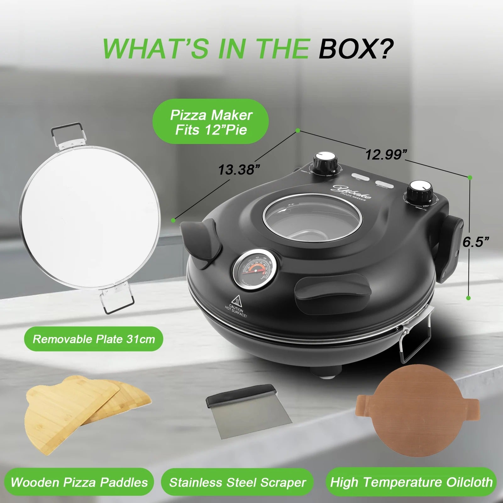 Professional Indoor Electric Pizza Oven – 1200W, 420℃ Fast Heat, Dual Control & 12" Removable Ceramic Stone