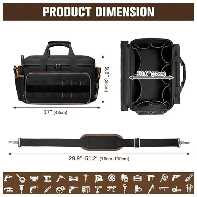 17-Inch Heavy-Duty Tool Tote Bag – Waterproof Multi-Pocket Organizer for Electricians & Mechanics