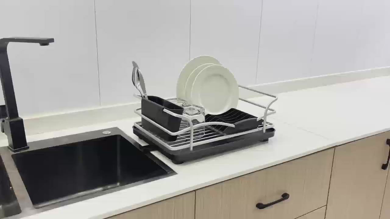 FurnitureXtra Aluminum Dish Drying Rack – Black | Dish Drainer with Drip Tray, Cutlery Holder & Cup Holder