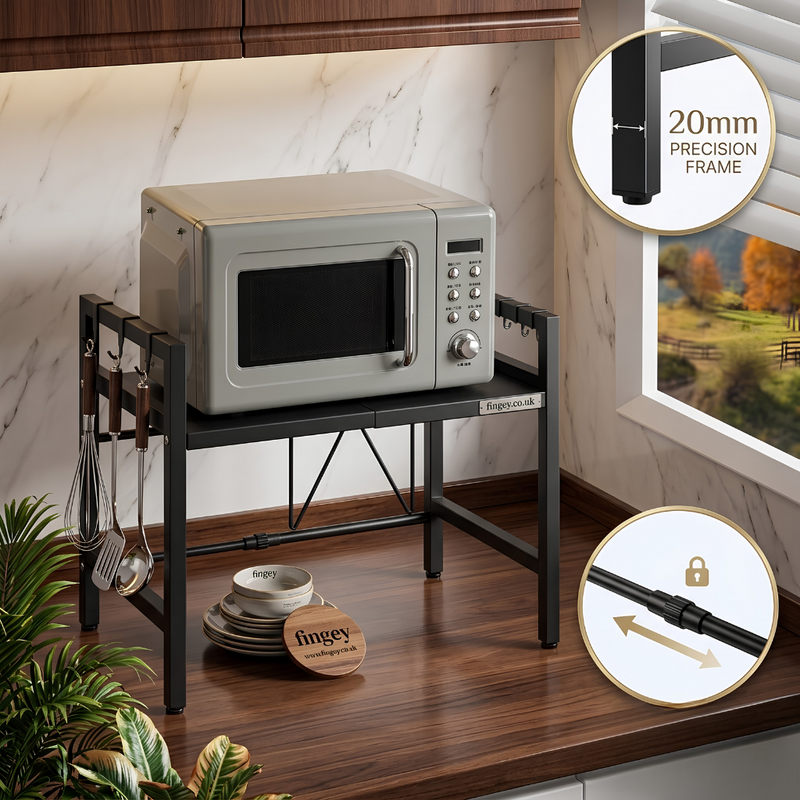 Adjustable Space-Saving Microwave Rack – 100kg Capacity, Kitchen Shelf with Hooks & Storage Organizer (Black)