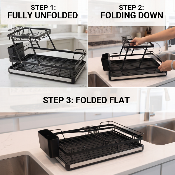 Fingey 2 Tier Folding Dish Drying Rack with Removable Drip Tray, Black Metal Plate Drainer with Cutlery Holder, Space-Saving Foldable Kitchen Dish Rack for Plates, Bowls, Cups and Glasses