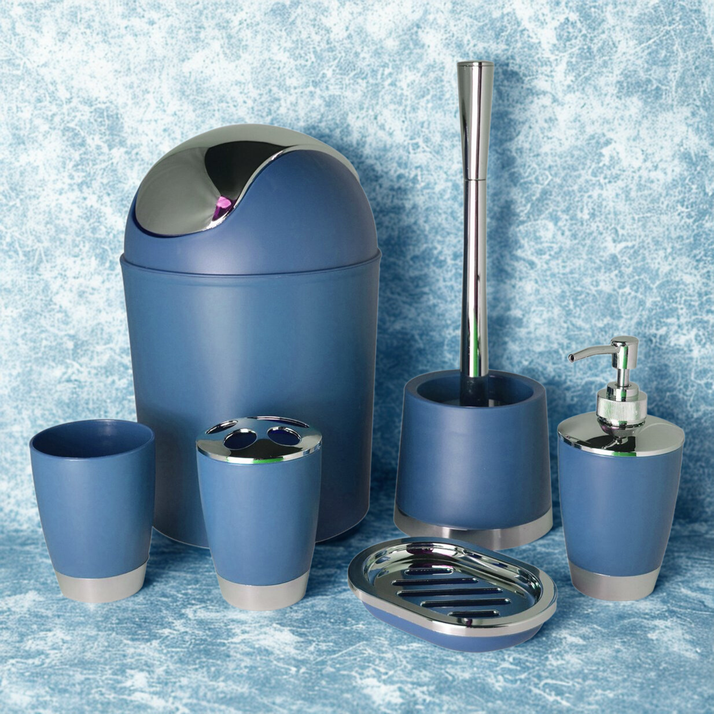 Modern Design 6 Piece Bathroom Accessory Set, Toilet Brush, Waste Bin, Soap Dish, Tooth Brush Holder Soap Dispenser, Rinse Cup